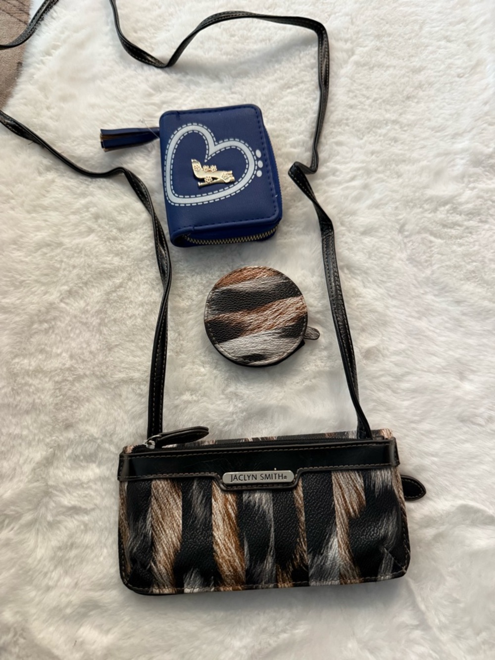 Jaclyn Smith Black, Brown & Cream Striped Crossbody with Blue Heart Wallet